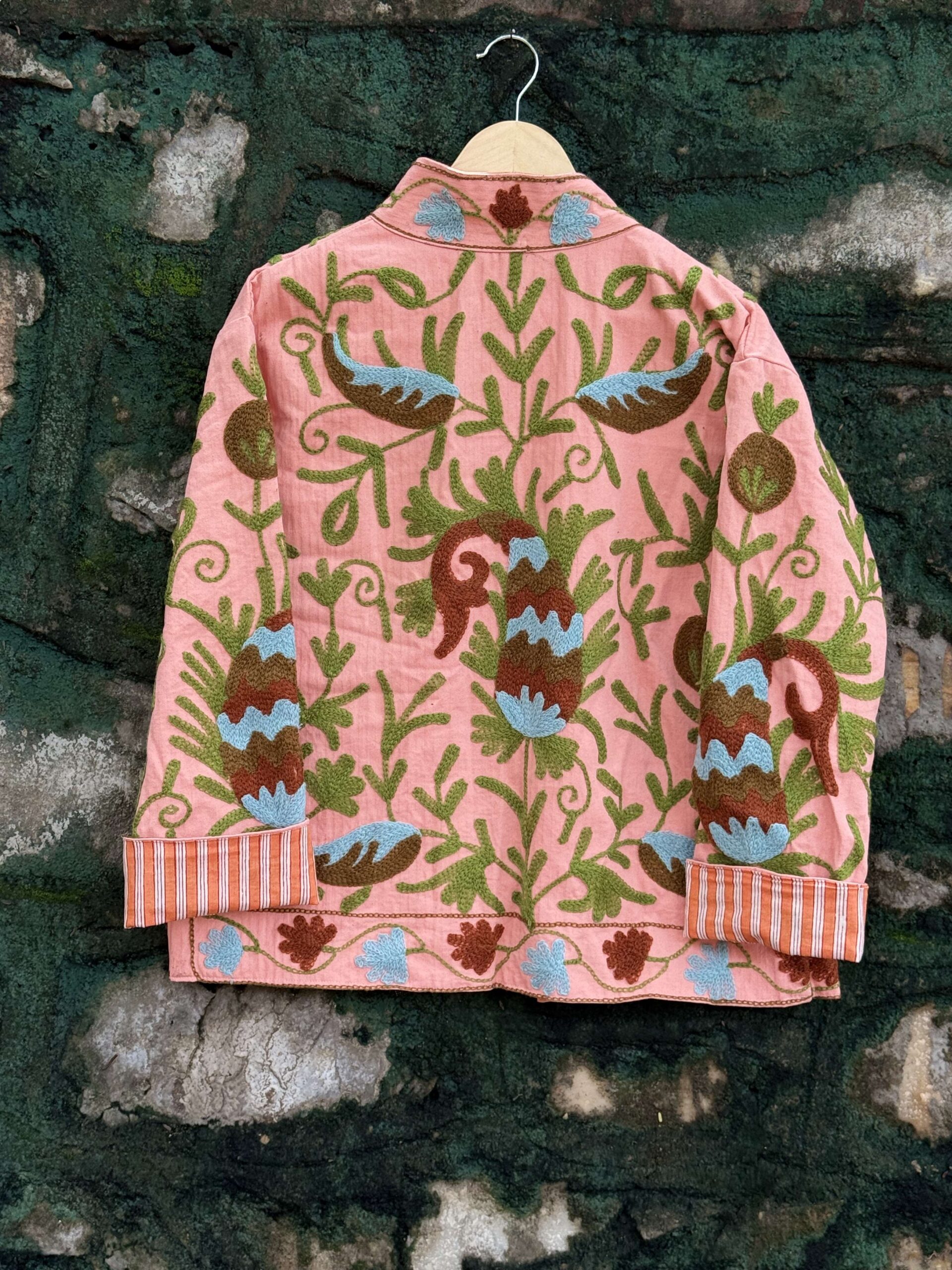 Womens Light Pink Velvet Embroidered Jacket with Floral Design - Image 4