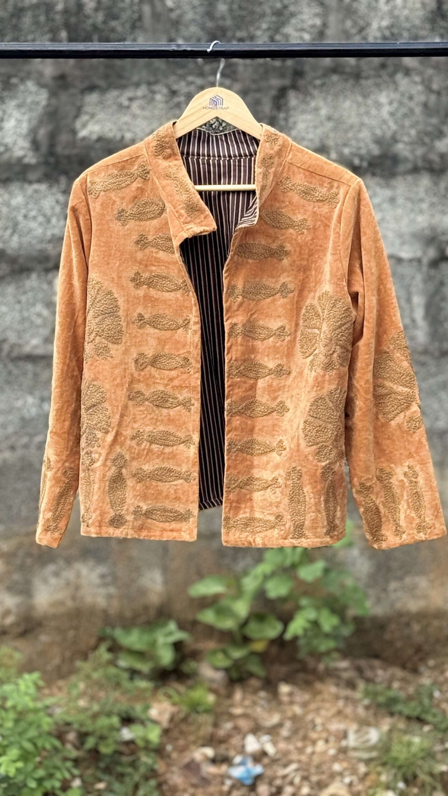 Womens Gold Velvet Embroidered Jacket with Floral Design - Image 3