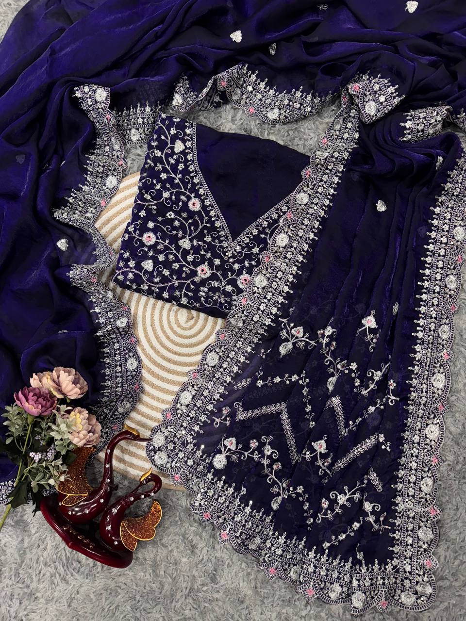 Royal Blue Embroidered Blouse Piece with Intricate Mirror, Sequin & Floral Threadwork – Ready-to-Stitch Fabric for Sarees & Festive Ethnic Wear - Image 7
