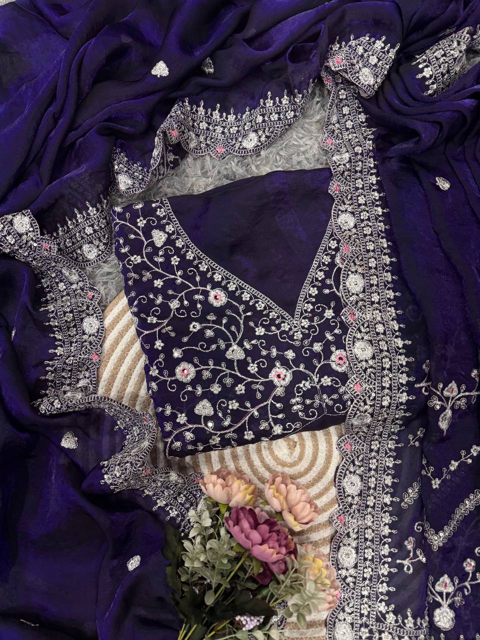 Royal Blue Embroidered Blouse Piece with Intricate Mirror, Sequin & Floral Threadwork – Ready-to-Stitch Fabric for Sarees & Festive Ethnic Wear - Image 6