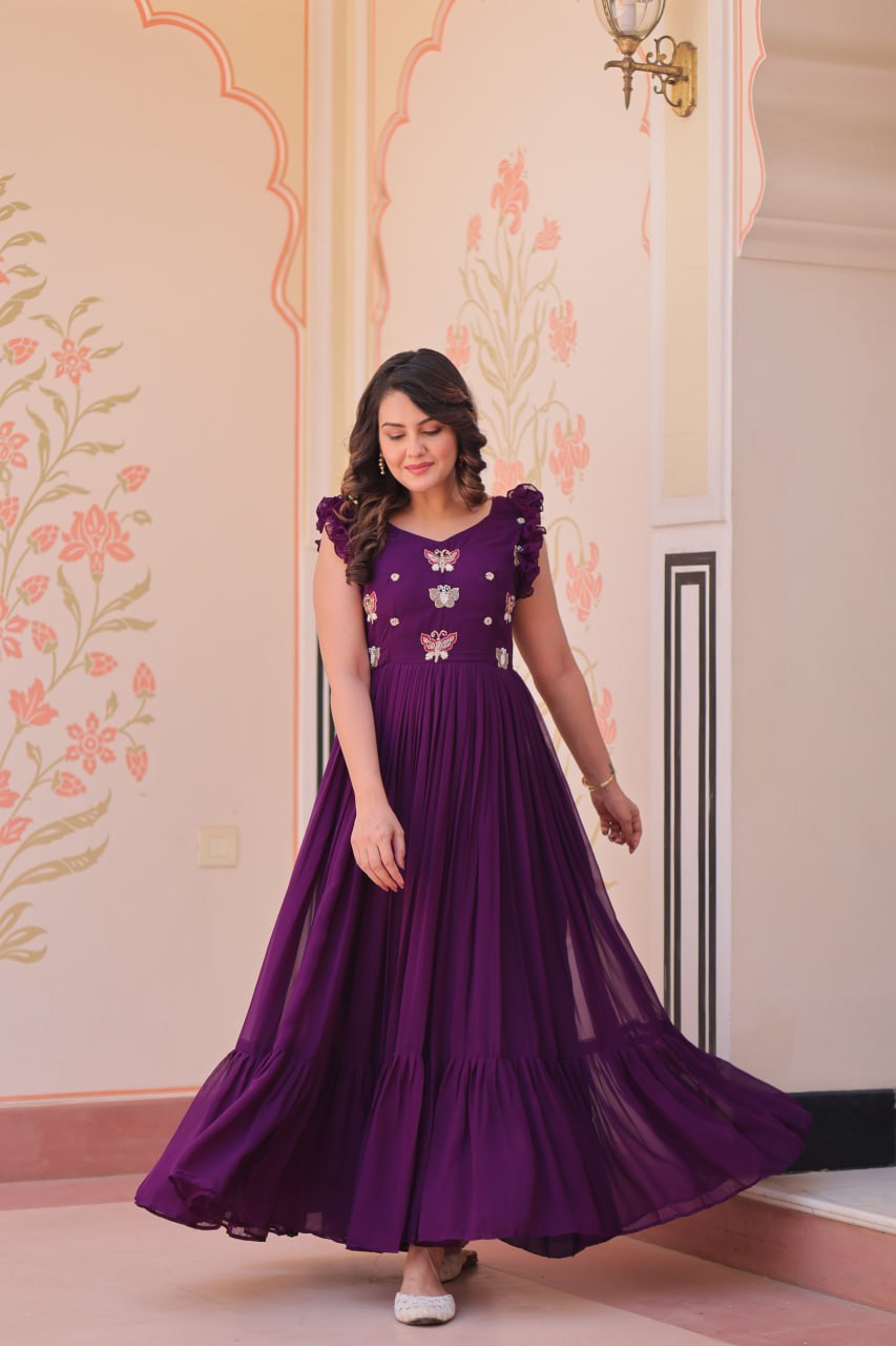 Women's Elegant Plum Purple Georgette Anarkali Gown with Butterfly Applique & Ruffle Sleeves – Festive & Special Occasion Wear - Image 17